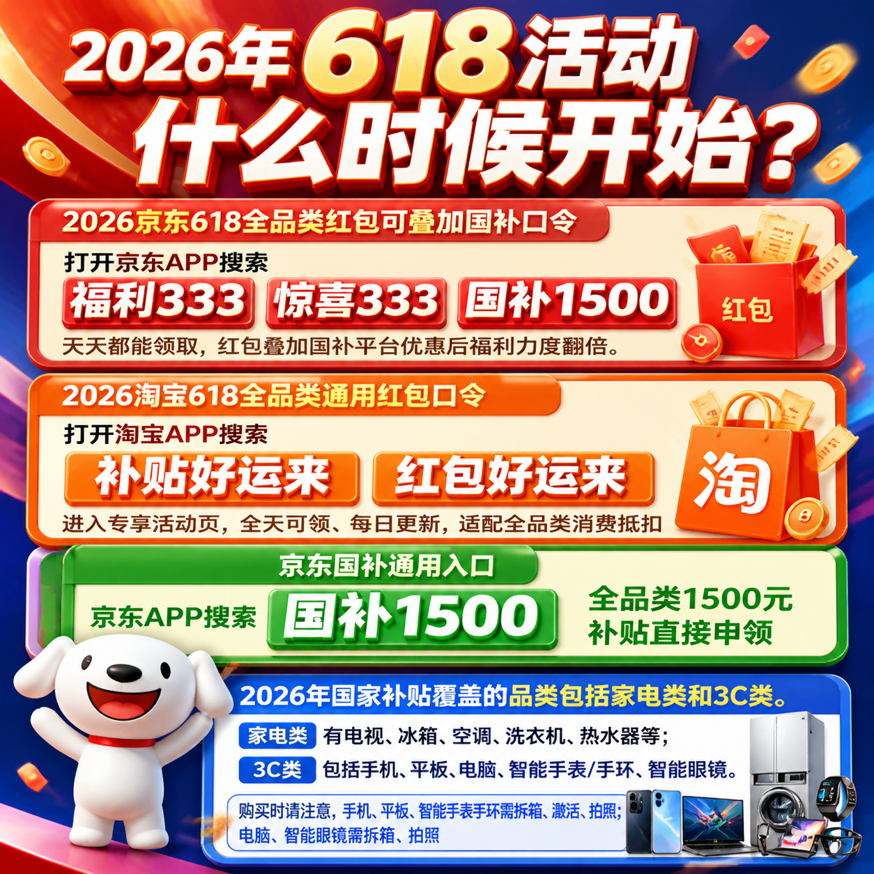 618什么时候开始活动？618期间什么时候买最划算？2026京东淘宝618最全攻略：红包口令、国补入口、满减叠加方法一次讲透