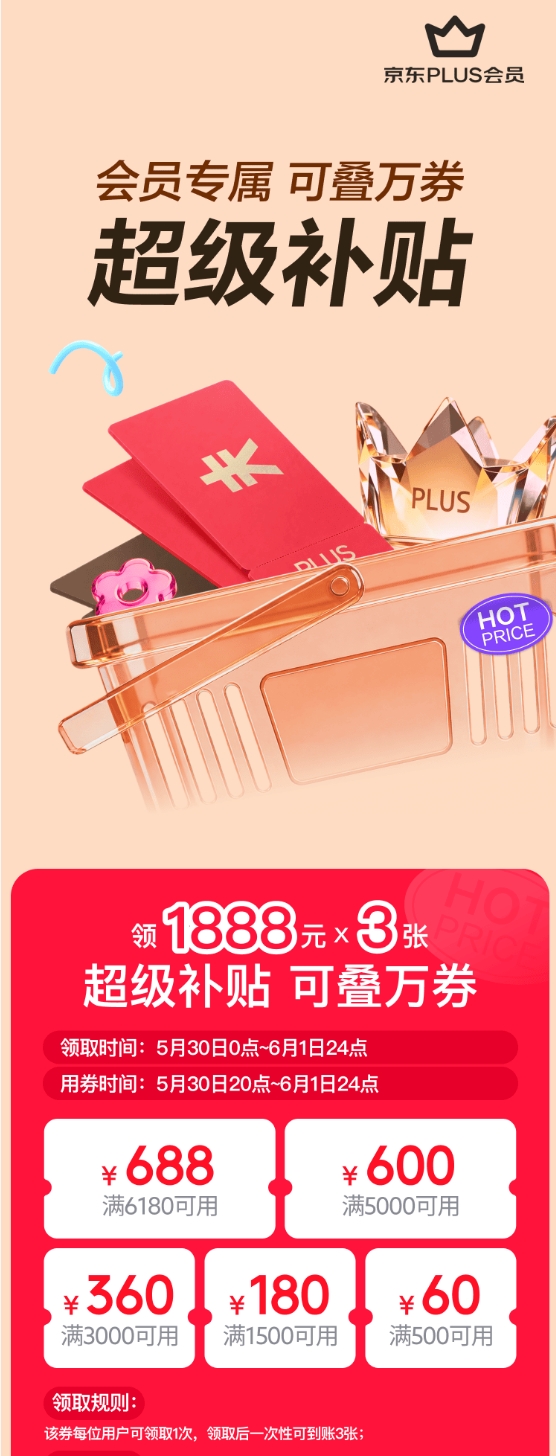 今晚8点京东618开启 PLUS会员领超5000元补贴 可叠万券使用