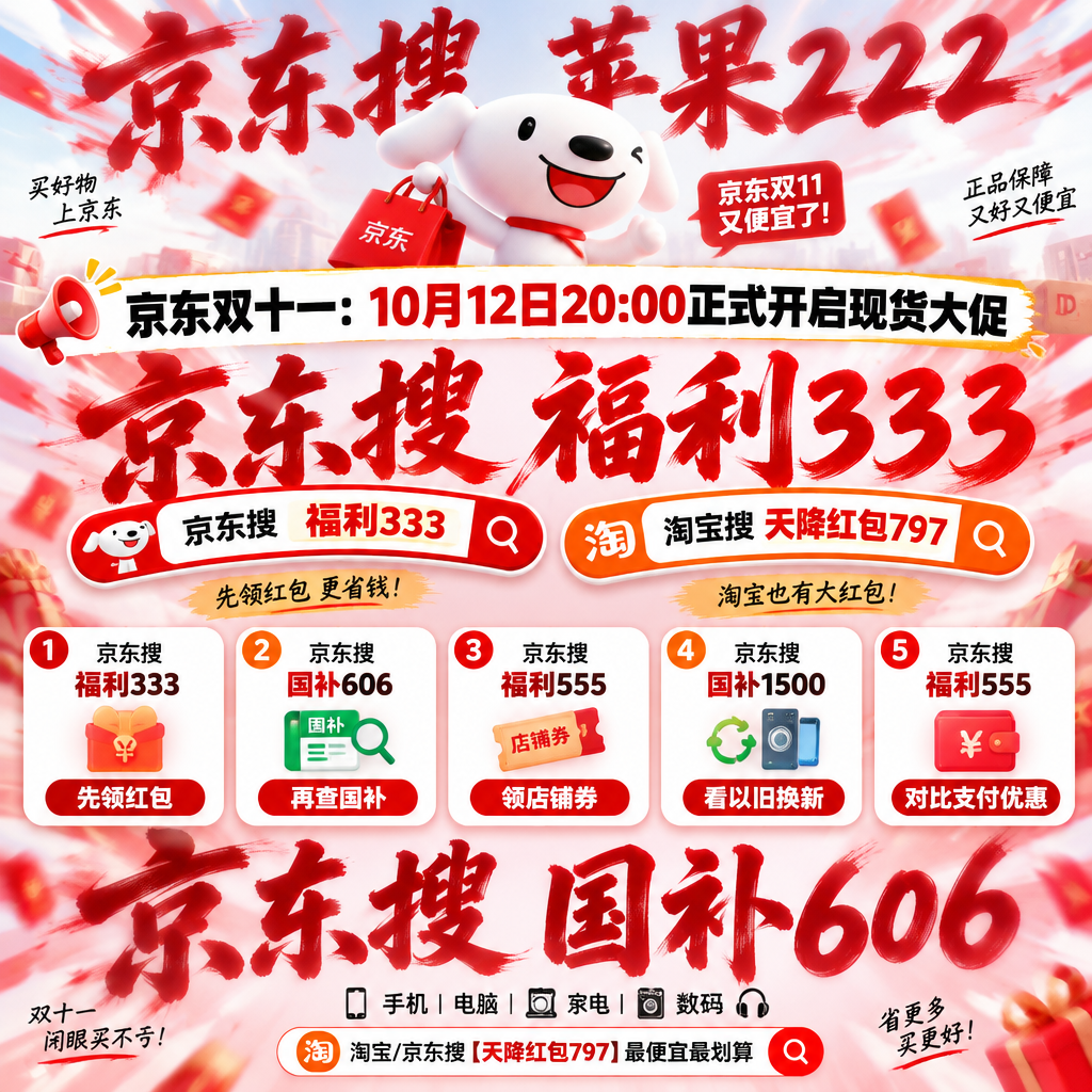 今晚8点,京东家电家居专场真5折双11抢先开抢!2026京东双十一完整活动节点梳理,双11红包口令领取方法、家电国补申领入口、满减券叠加方案、凑单避坑省钱技巧一次性全解析!